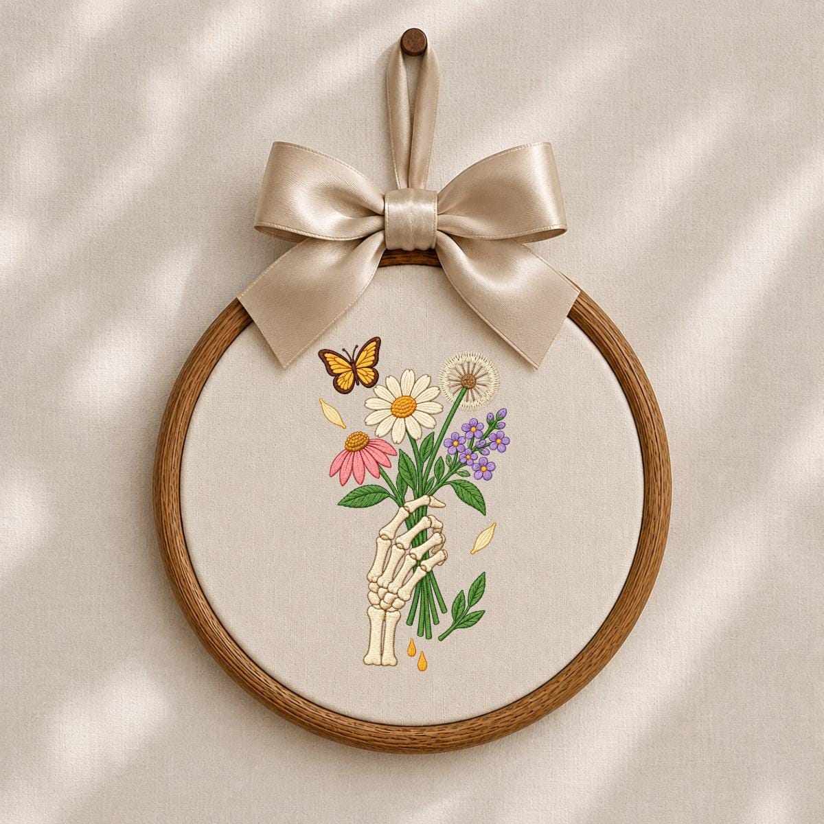 Embroidered Skeleton Hand Bouquet Oval Hoop Decor, Lavender Bow Wildflower Daisy Dandelion Wall Art, Whimsical Goth Botanical Home Sign