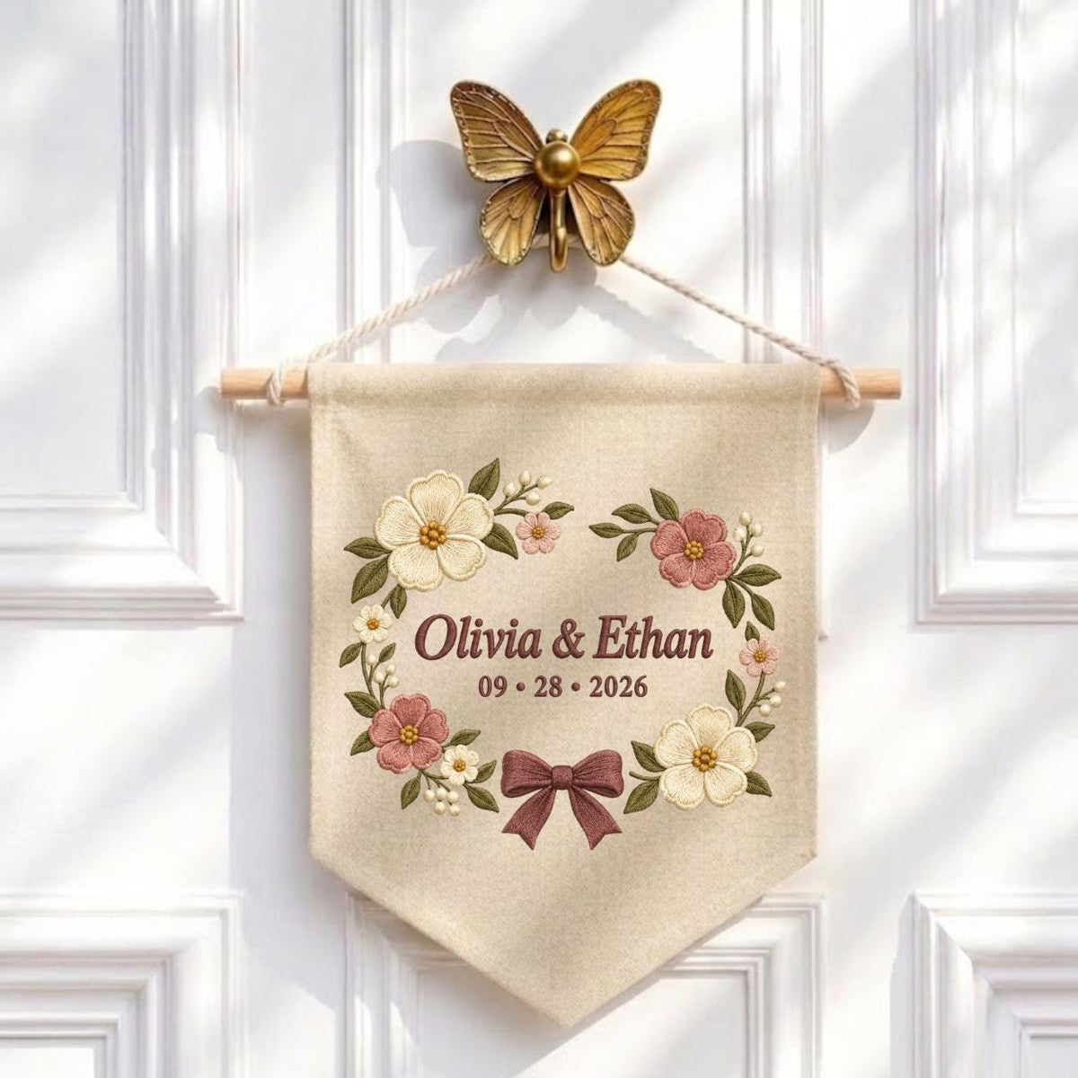 Personalized Wedding Canvas Pennant Banner, Custom Name Olivia Ethan Embroidered Floral Wreath Couple Wall Hanging Sign Decor