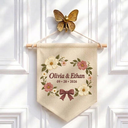 Personalized Wedding Canvas Pennant Banner, Custom Name Olivia Ethan Embroidered Floral Wreath Couple Wall Hanging Sign Decor