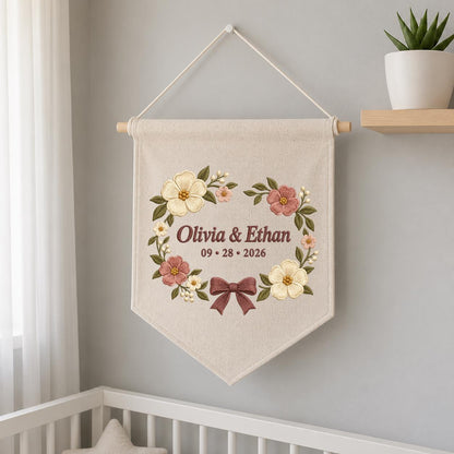 Personalized Wedding Canvas Pennant Banner, Custom Name Olivia Ethan Embroidered Floral Wreath Couple Wall Hanging Sign Decor