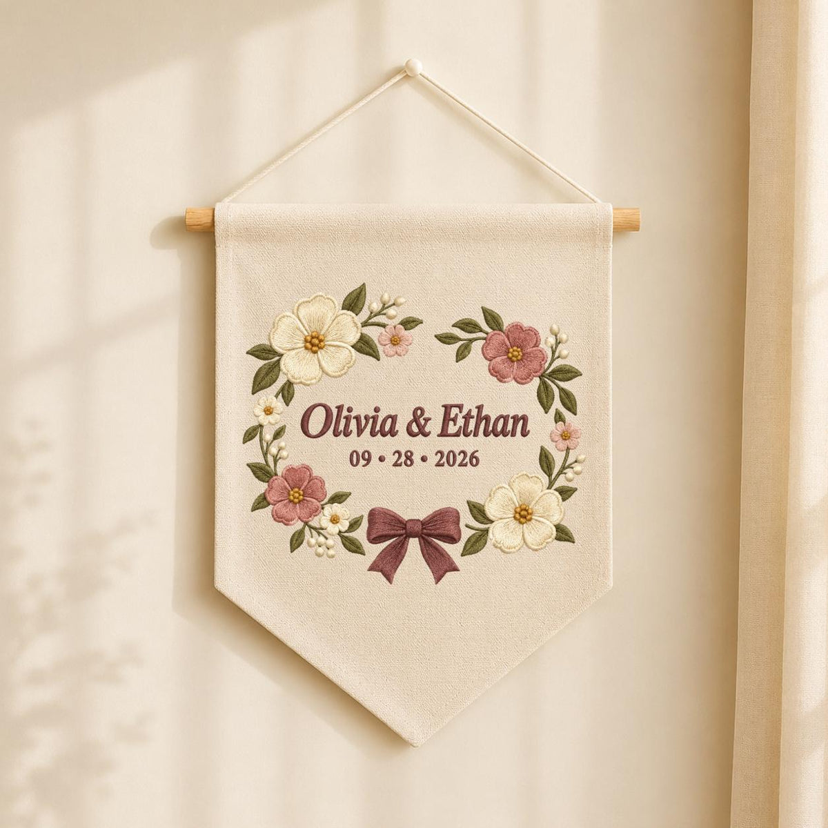 Personalized Wedding Canvas Pennant Banner, Custom Name Olivia Ethan Embroidered Floral Wreath Couple Wall Hanging Sign Decor