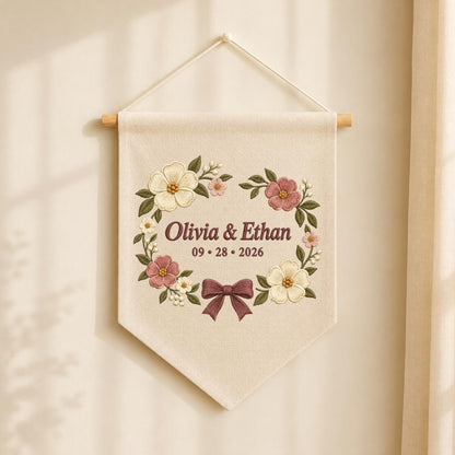 Personalized Wedding Canvas Pennant Banner, Custom Name Olivia Ethan Embroidered Floral Wreath Couple Wall Hanging Sign Decor