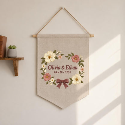 Personalized Wedding Canvas Pennant Banner, Custom Name Olivia Ethan Embroidered Floral Wreath Couple Wall Hanging Sign Decor