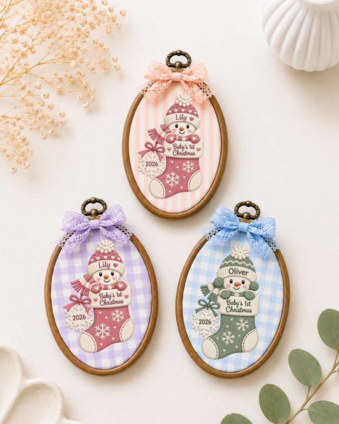 Personalized Baby First Christmas Embroidered Ornament, Custom Snowman Stocking Name Hoop, Baby Boy Girl Christmas Gift, Newborn Keepsake