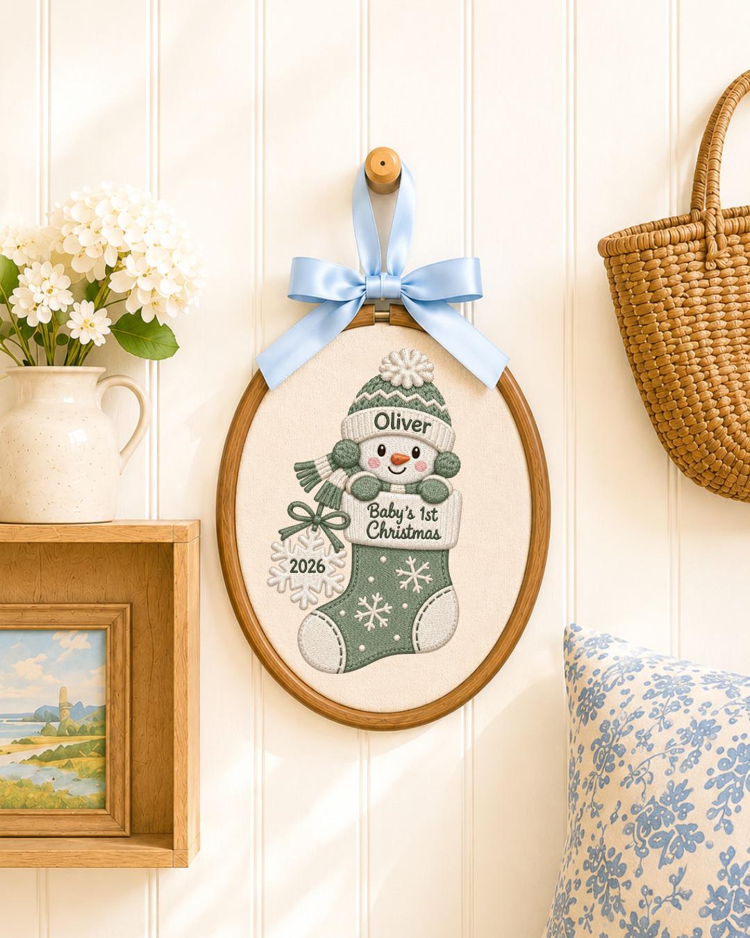 Personalized Baby First Christmas Embroidered Ornament, Custom Snowman Stocking Name Hoop, Baby Boy Girl Christmas Gift, Newborn Keepsake