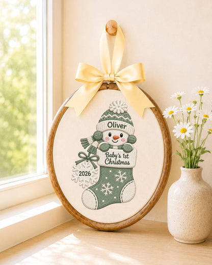 Personalized Baby First Christmas Embroidered Ornament, Custom Snowman Stocking Name Hoop, Baby Boy Girl Christmas Gift, Newborn Keepsake