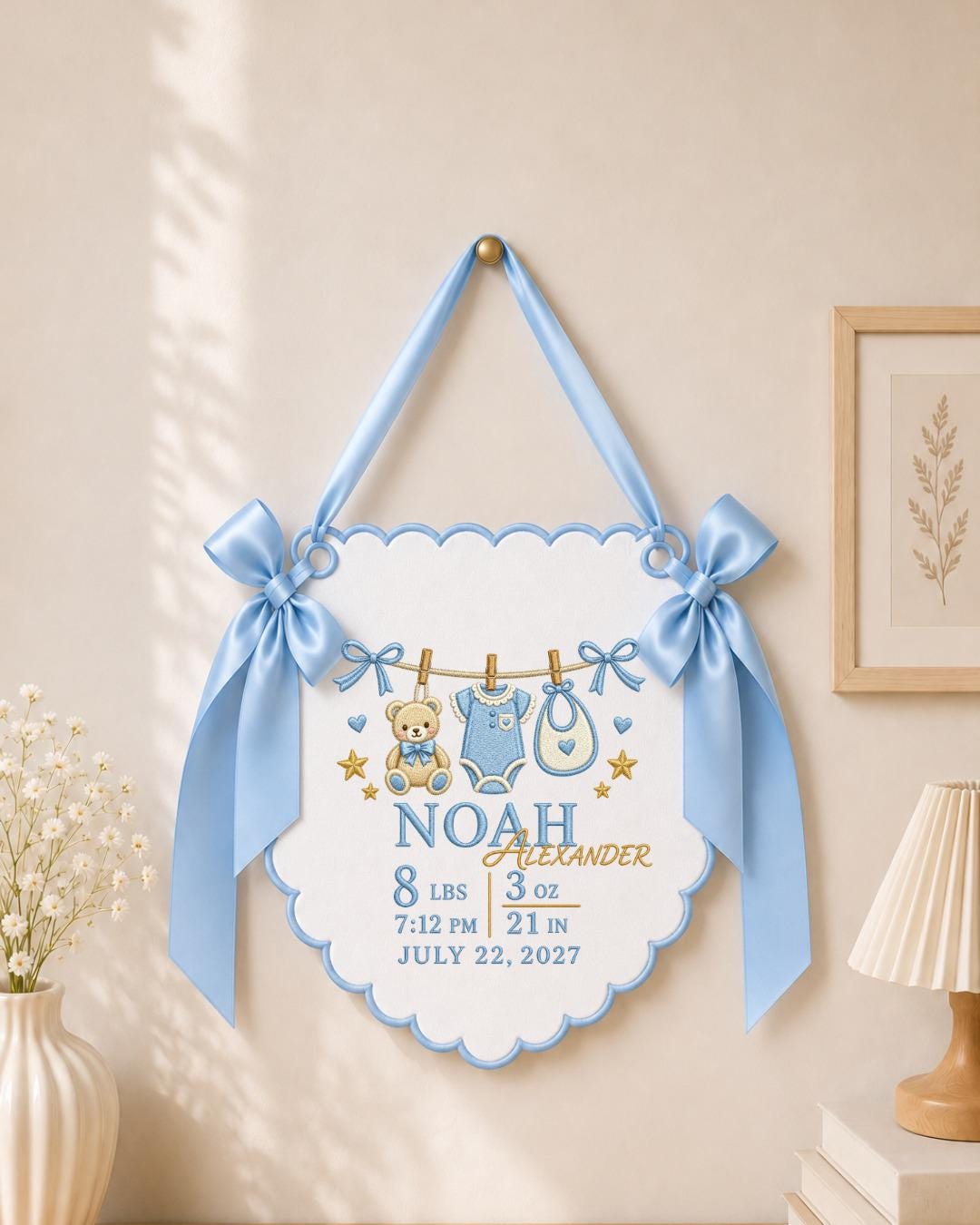 Personalized Embroidered Birth Announcement Banner, Custom Baby Girl Name Sign, Newborn Stats Nursery Wall Decor, Baby Keepsake Gift