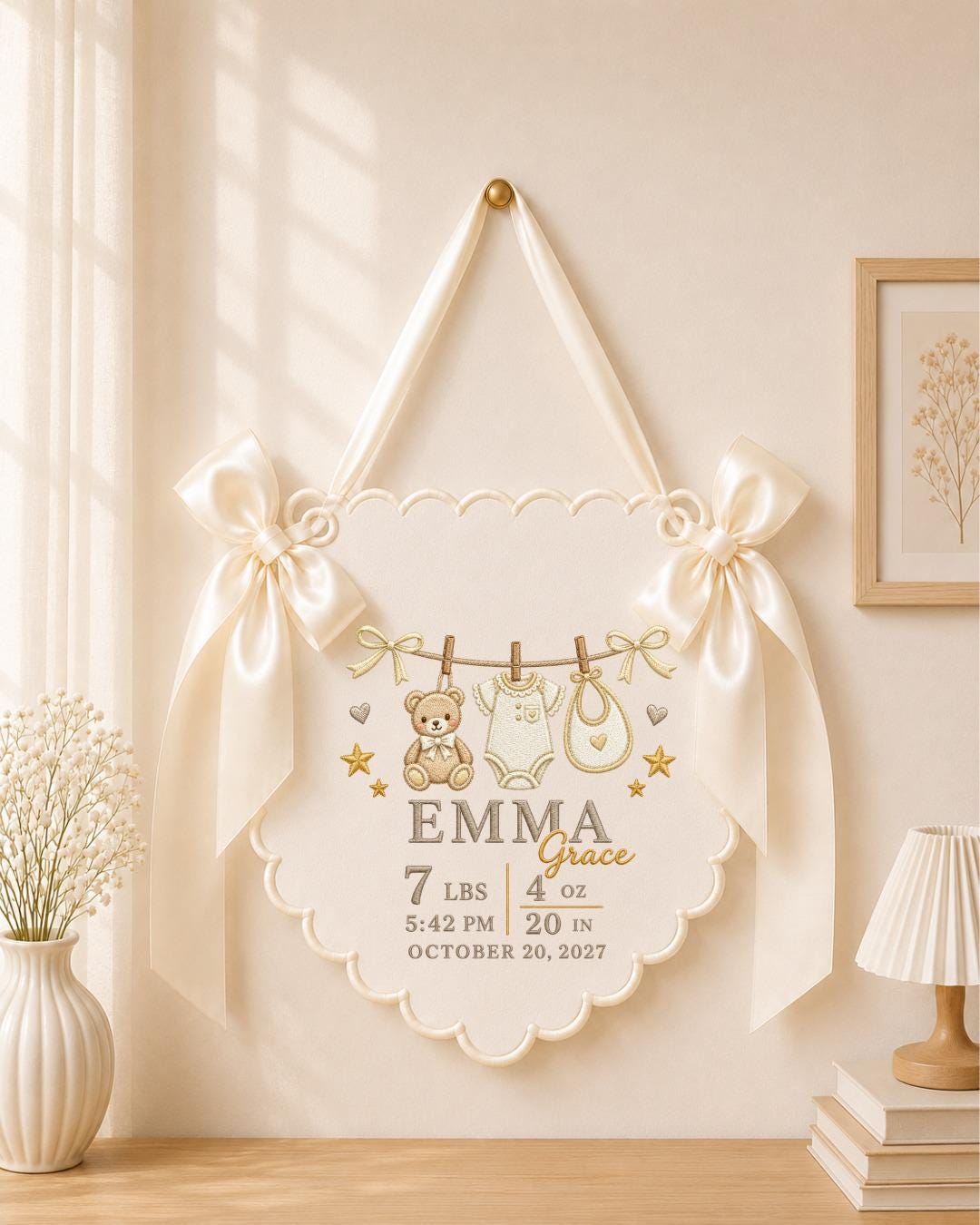 Personalized Embroidered Birth Announcement Banner, Custom Baby Girl Name Sign, Newborn Stats Nursery Wall Decor, Baby Keepsake Gift