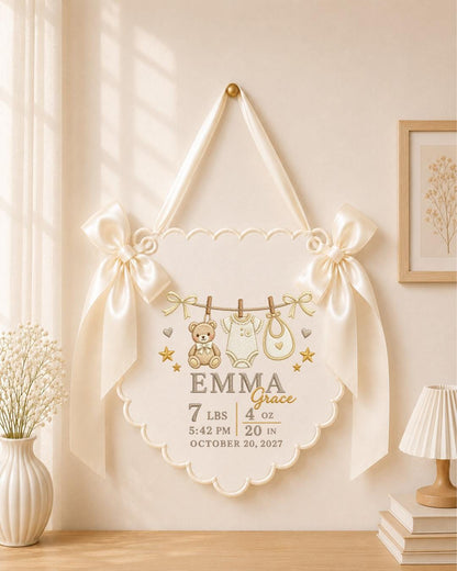 Personalized Embroidered Birth Announcement Banner, Custom Baby Girl Name Sign, Newborn Stats Nursery Wall Decor, Baby Keepsake Gift