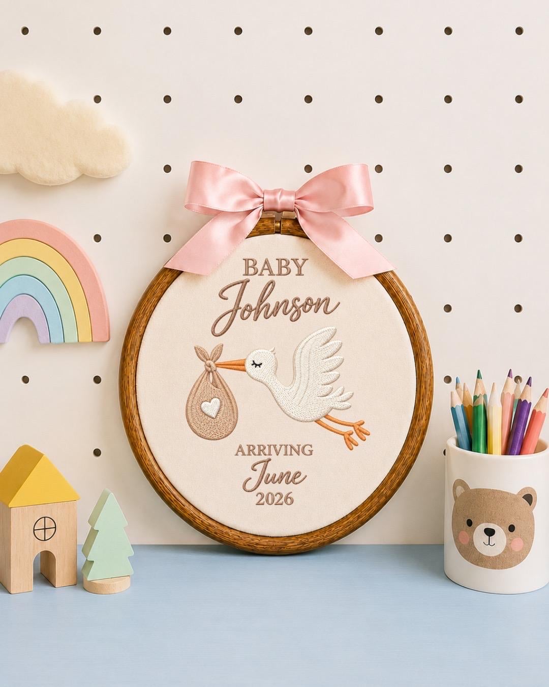 Personalized Pregnancy Announcement Embroidered Ornament, Stork Baby Due Date Keepsake, Custom Family Name Baby Reveal