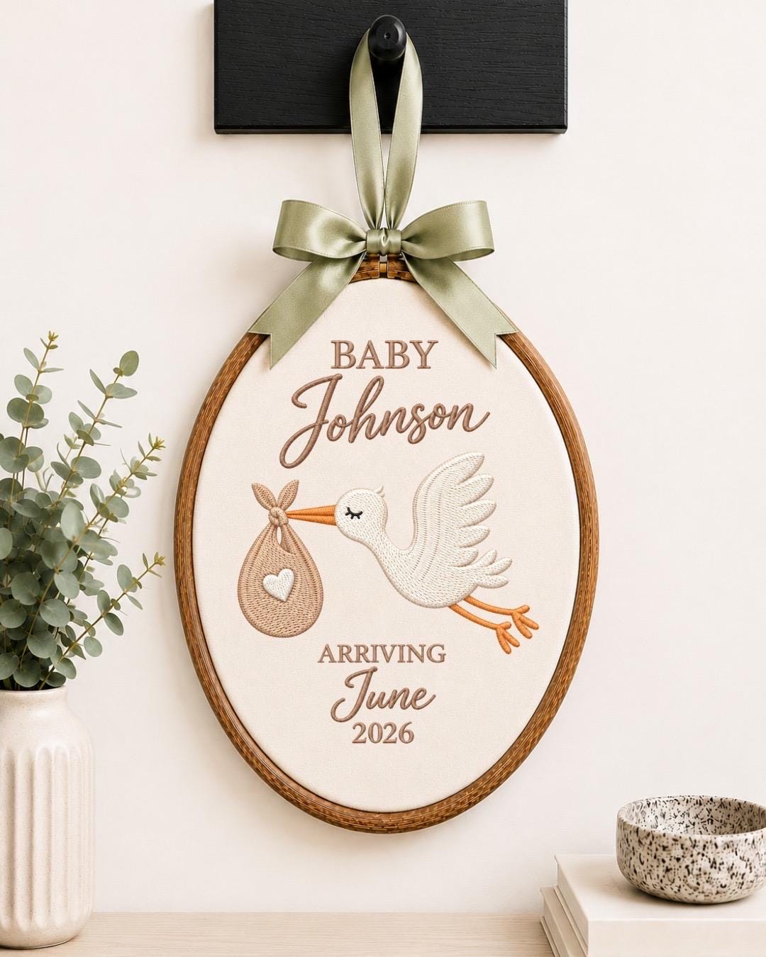 Personalized Pregnancy Announcement Embroidered Ornament, Stork Baby Due Date Keepsake, Custom Family Name Baby Reveal