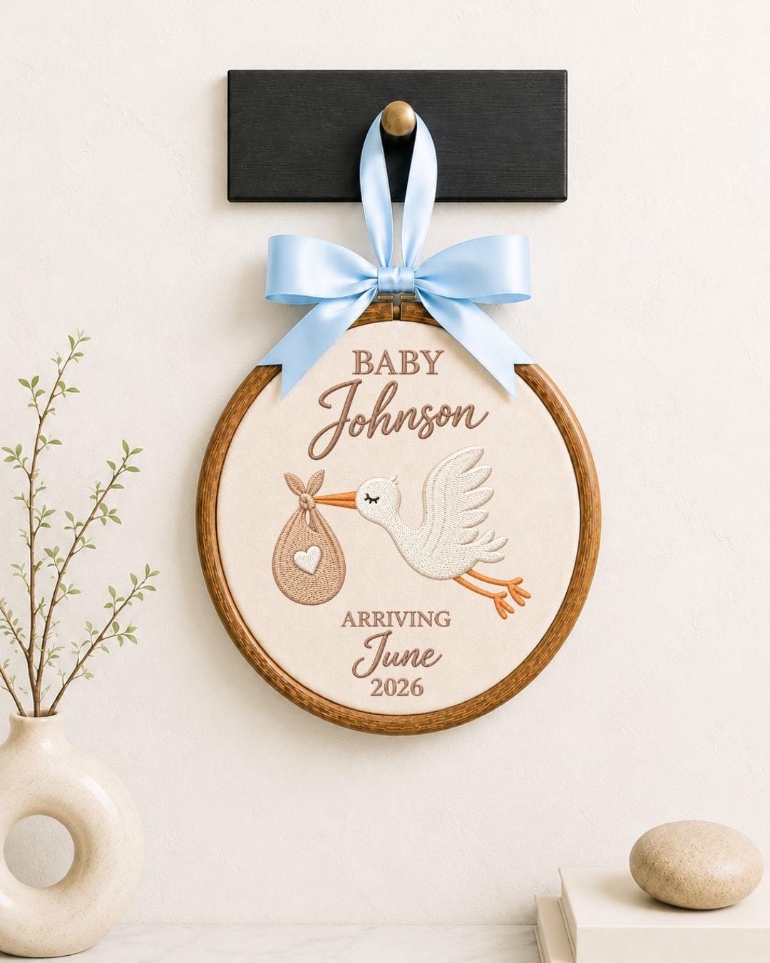 Personalized Pregnancy Announcement Embroidered Ornament, Stork Baby Due Date Keepsake, Custom Family Name Baby Reveal