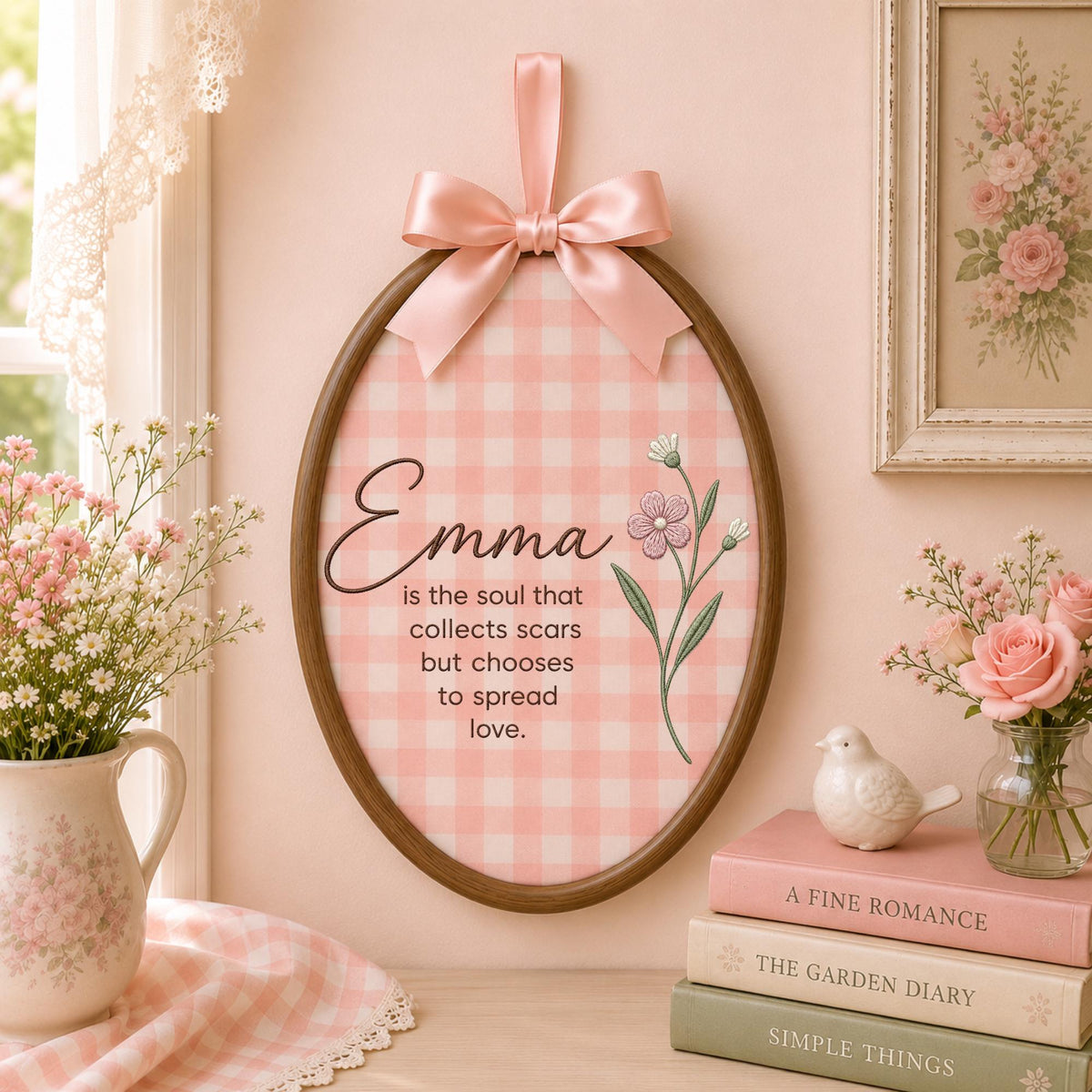 Personalized Name Quote Embroidered Ornament, Custom Floral Keepsake, Inspirational Gift for Her, Personalized Friendship Ornament