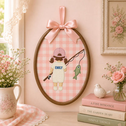 Personalized Fishing Girl Embroidered Ornament, Custom Girl Name Fishing Keepsake, Pink Fisherman Nursery Decor, Outdoor Girl Gift