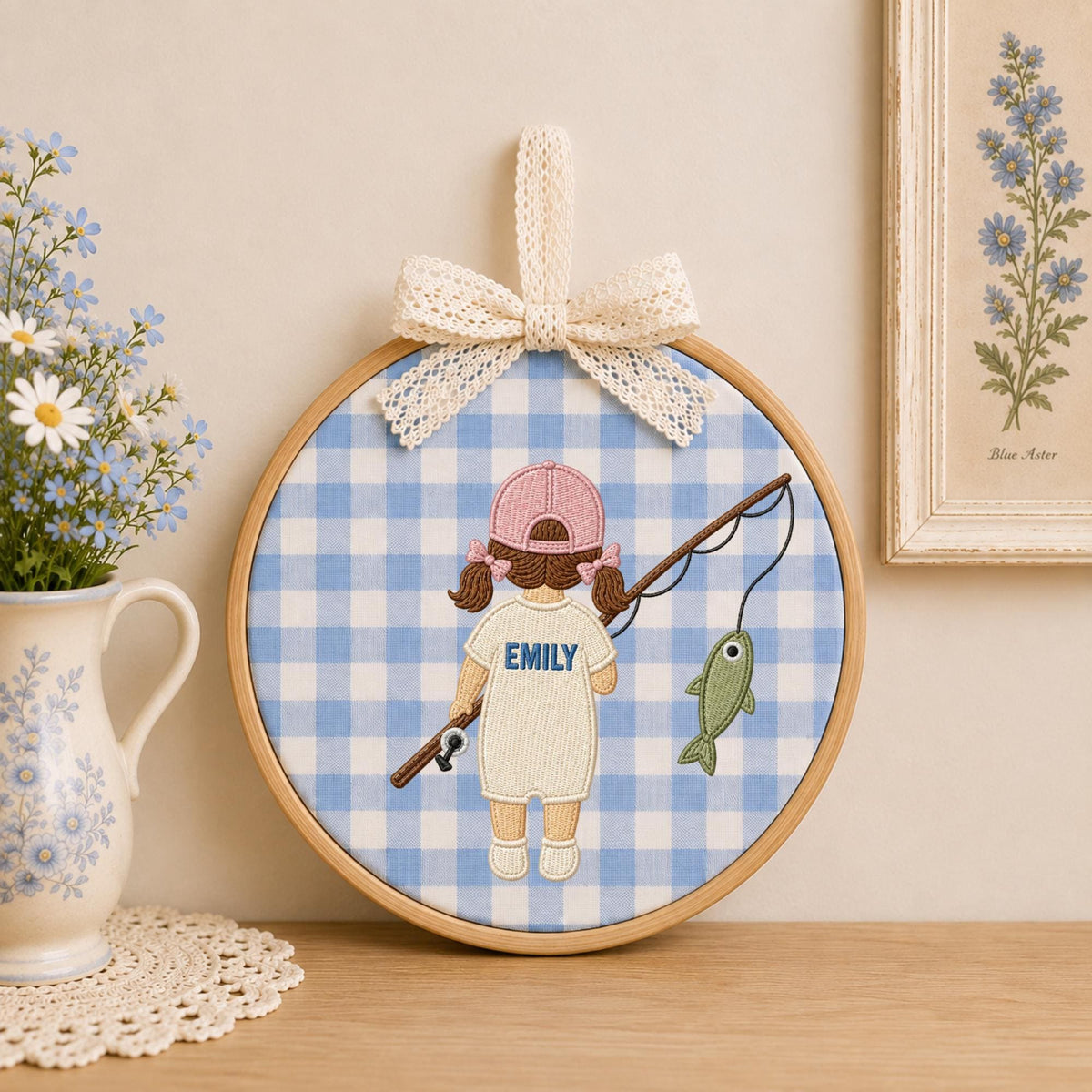 Personalized Fishing Girl Embroidered Ornament, Custom Girl Name Fishing Keepsake, Pink Fisherman Nursery Decor, Outdoor Girl Gift