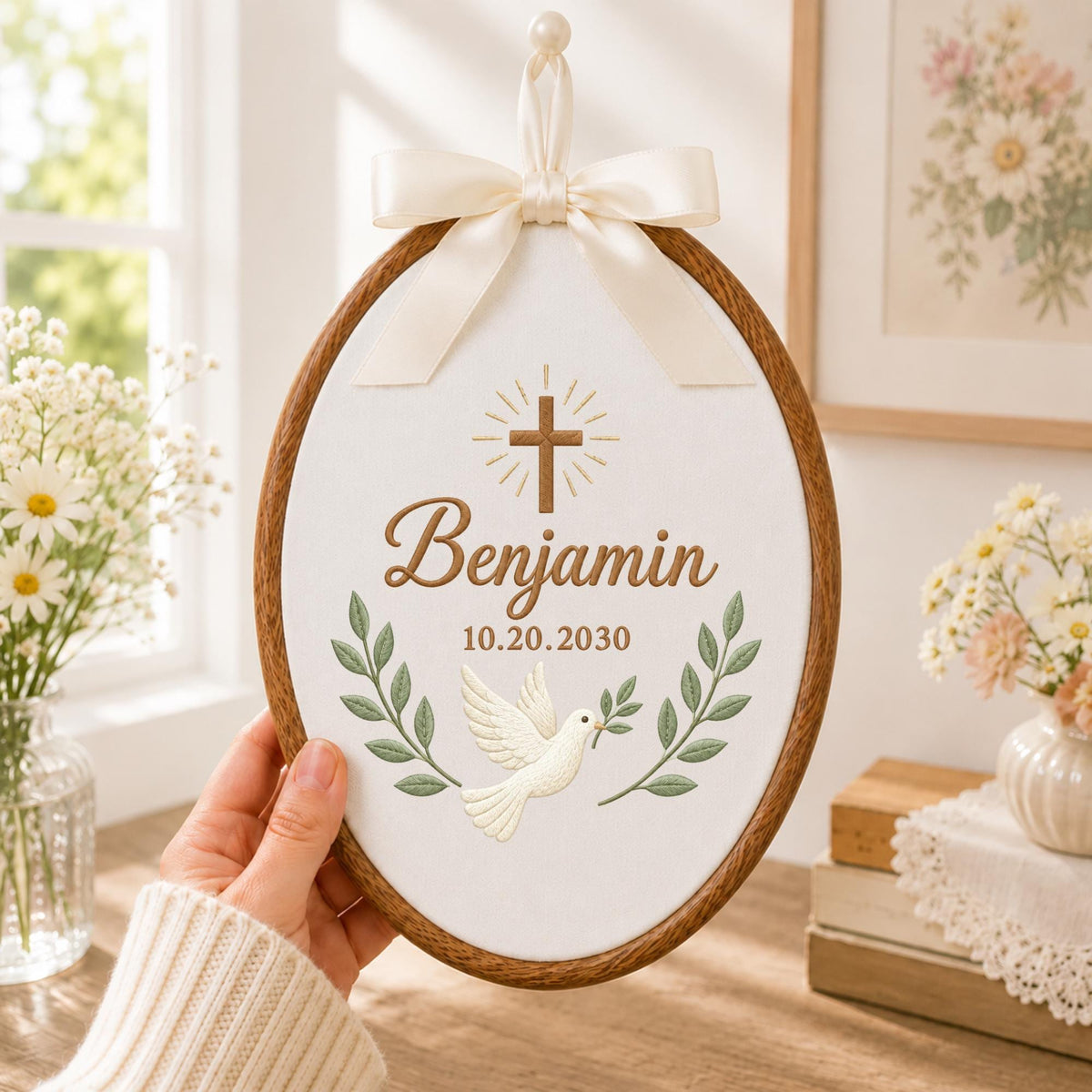 Personalized Baptism Embroidered Ornament, Custom Name Christening Keepsake, Christian Baby Gift, Dove Cross Nursery Decor