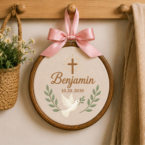 Personalized Baptism Embroidered Ornament, Custom Name Christening Keepsake, Christian Baby Gift, Dove Cross Nursery Decor
