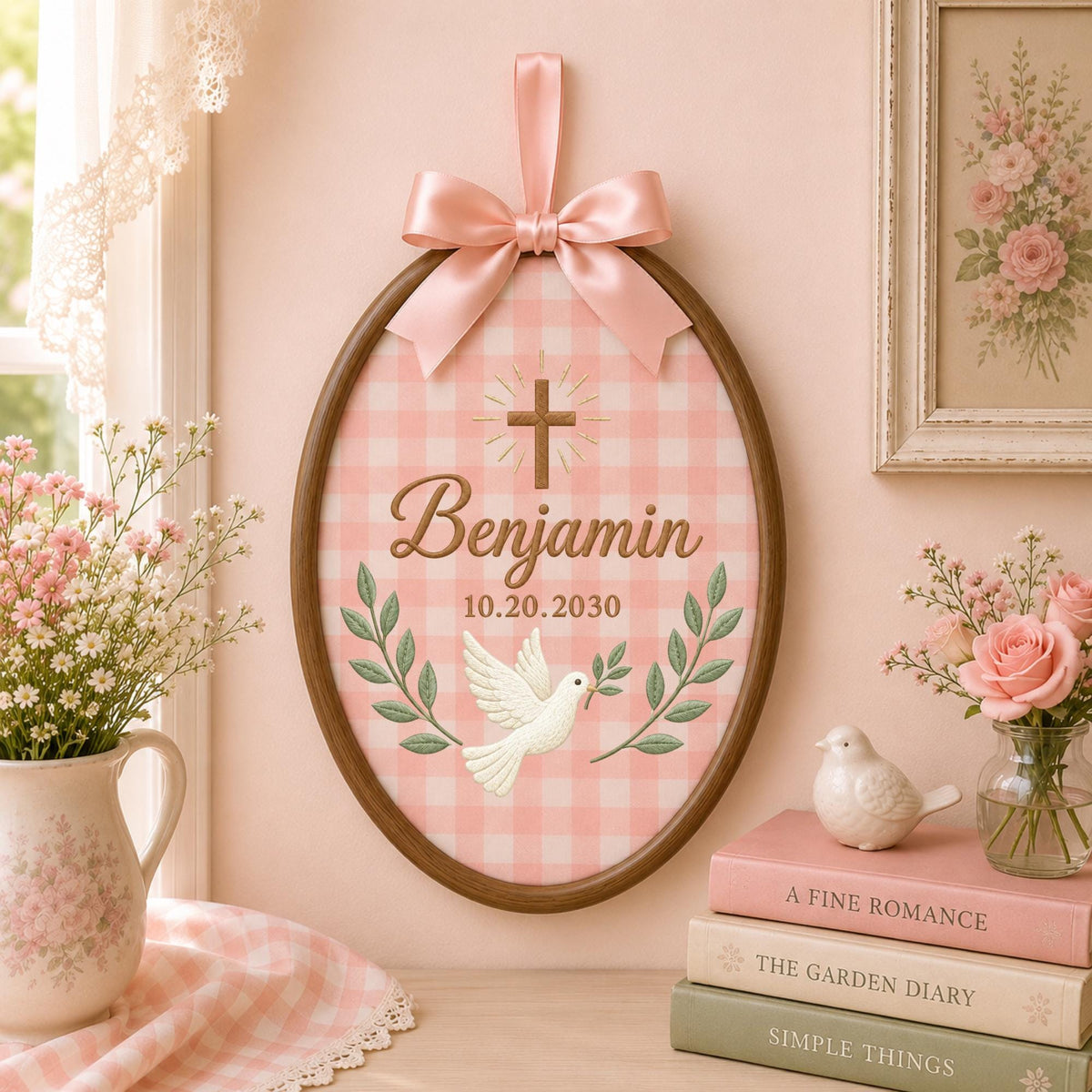 Personalized Baptism Embroidered Ornament, Custom Name Christening Keepsake, Christian Baby Gift, Dove Cross Nursery Decor