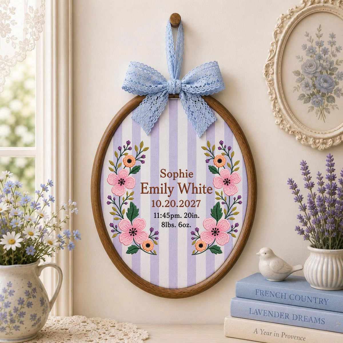 Personalized Baby Birth Stats Embroidered Ornament, Custom Newborn Name Keepsake, Floral Baby Girl Nursery Decor, Birth Announcement Gift