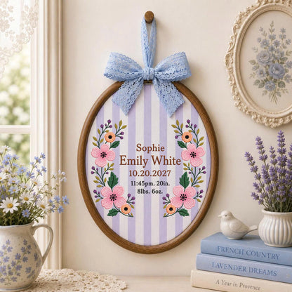 Personalized Baby Birth Stats Embroidered Ornament, Custom Newborn Name Keepsake, Floral Baby Girl Nursery Decor, Birth Announcement Gift