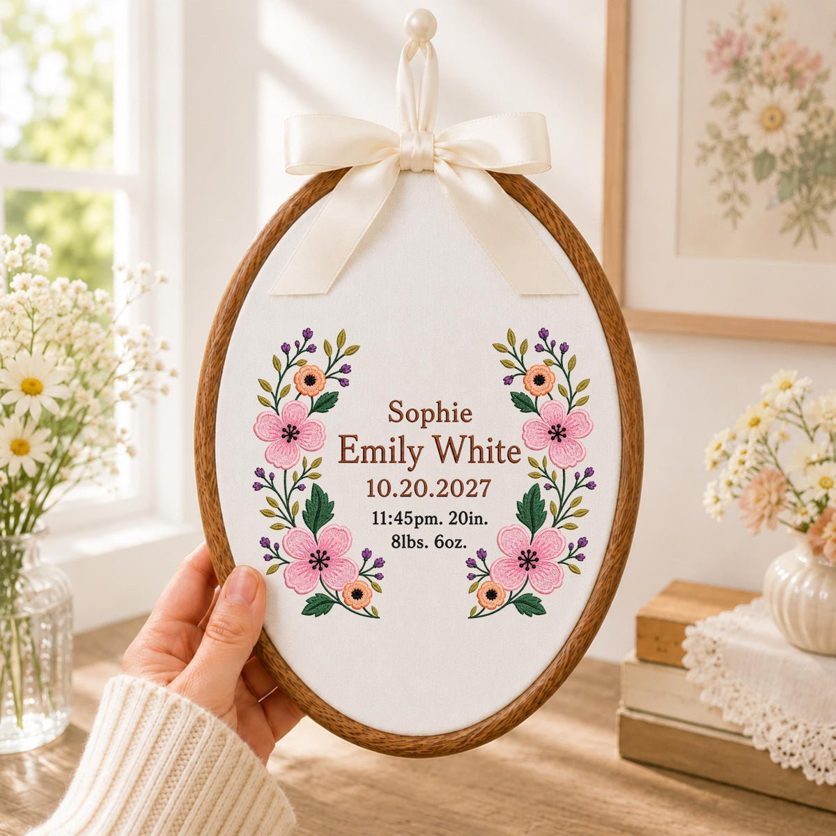 Personalized Baby Birth Stats Embroidered Ornament, Custom Newborn Name Keepsake, Floral Baby Girl Nursery Decor, Birth Announcement Gift