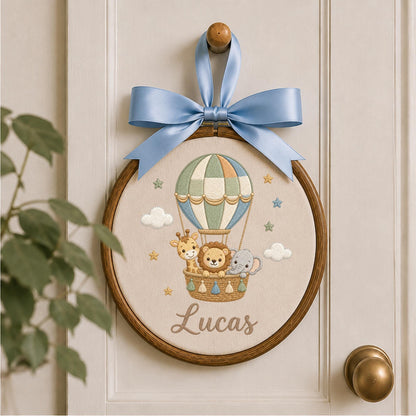 Personalized Safari Hot Air Balloon Embroidered Ornament, Custom Baby Name Jungle Animal Keepsake, Lion Giraffe Elephant Nursery Decor