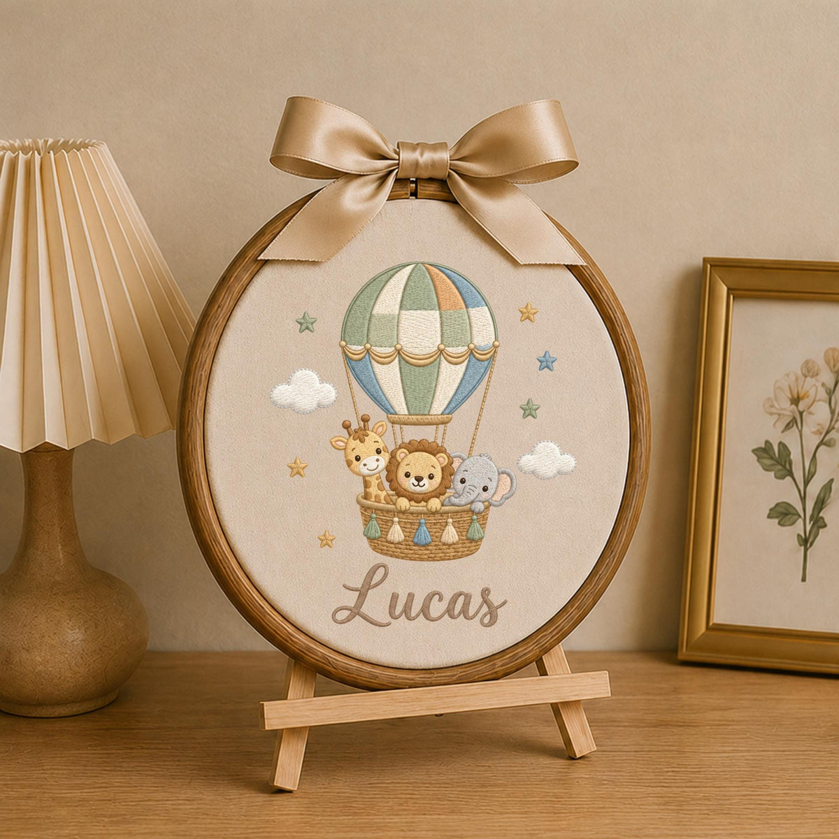 Personalized Safari Hot Air Balloon Embroidered Ornament, Custom Baby Name Jungle Animal Keepsake, Lion Giraffe Elephant Nursery Decor