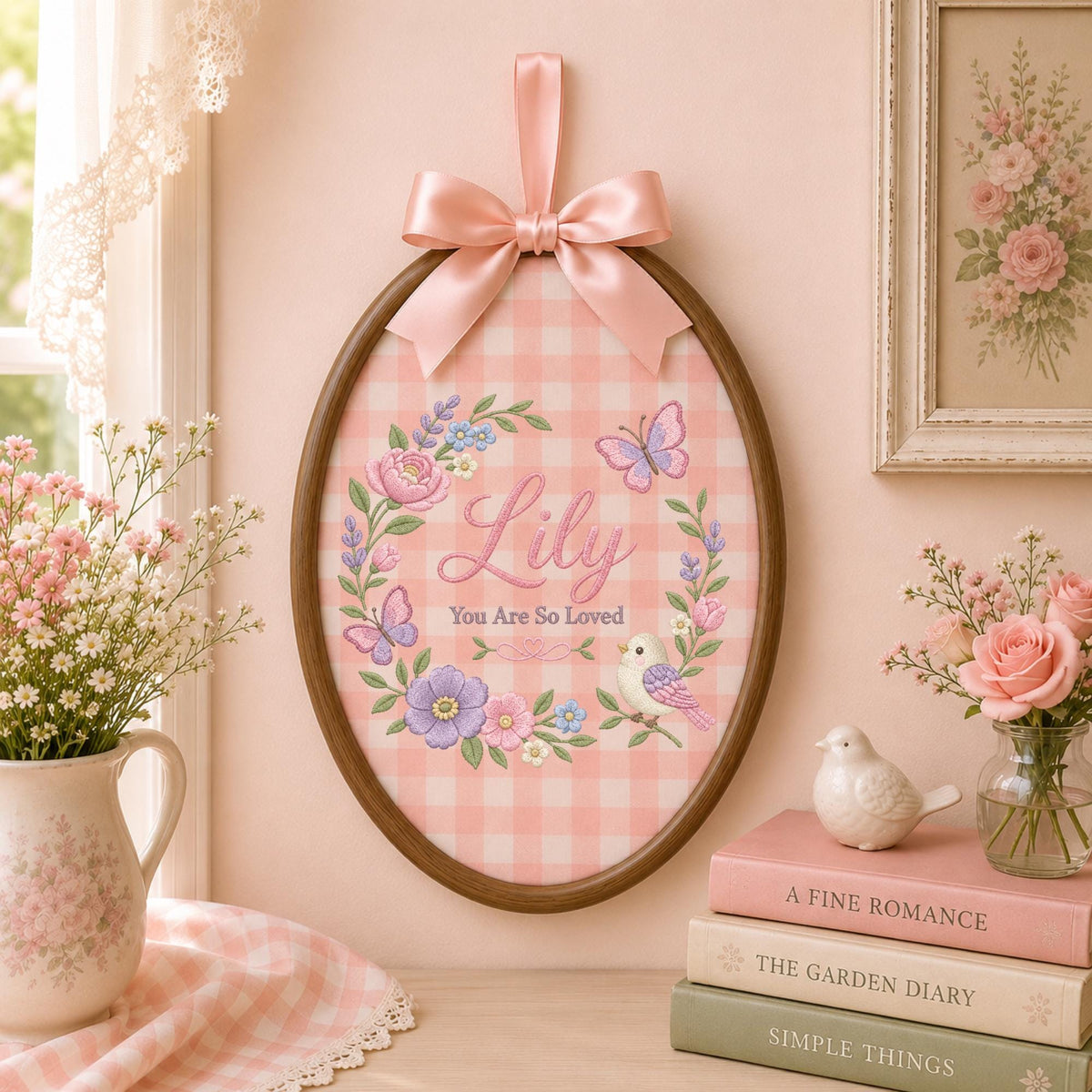 Personalized Butterfly Floral Embroidered Ornament, Custom Baby Girl Name Keepsake, Flower Nursery Decor, Newborn Gift, Baby Shower Gift