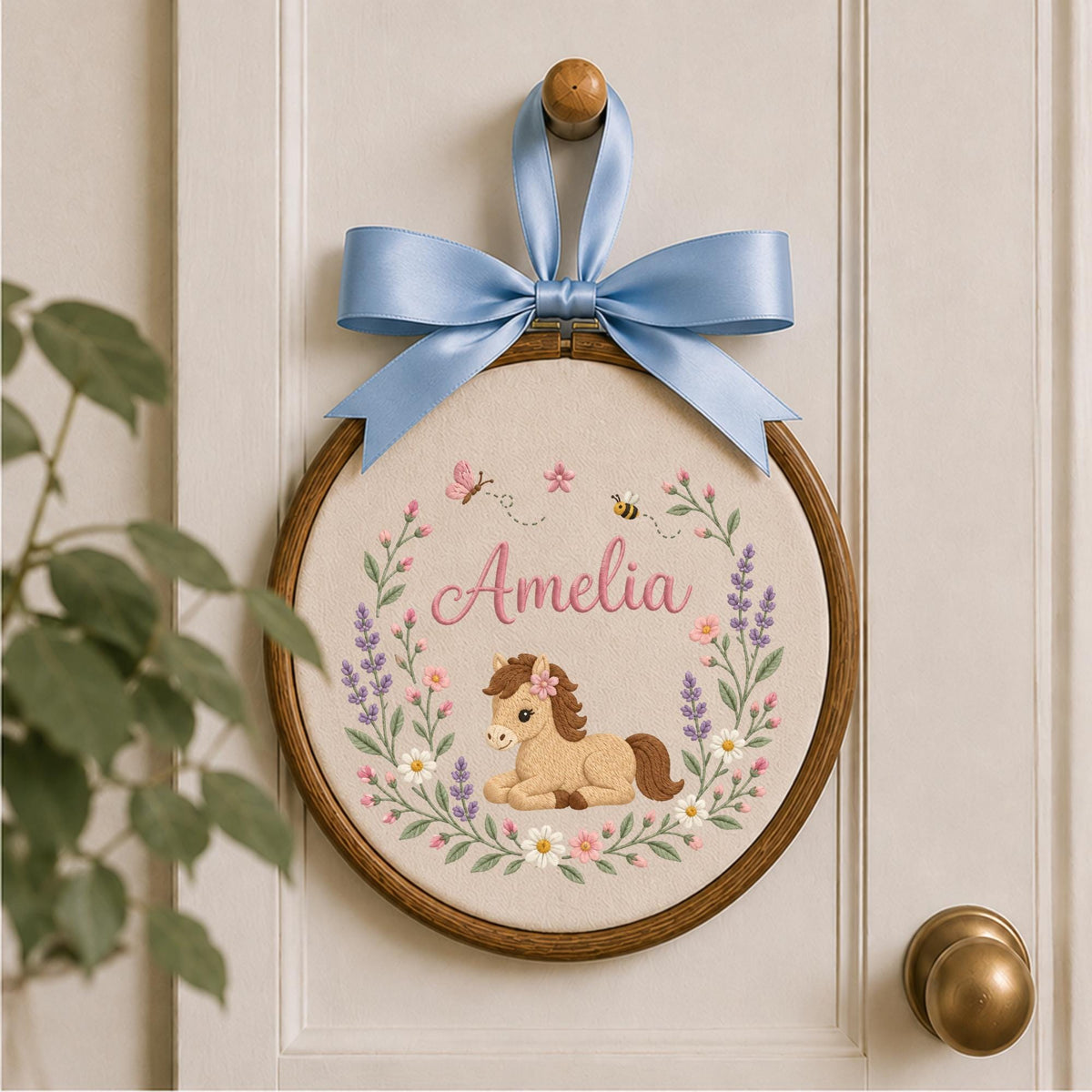 Personalized Horse Embroidered Ornament, Custom Baby Girl Name Keepsake, Floral Pony Nursery Decor, Equestrian Baby Gift, Horse Lover Gift