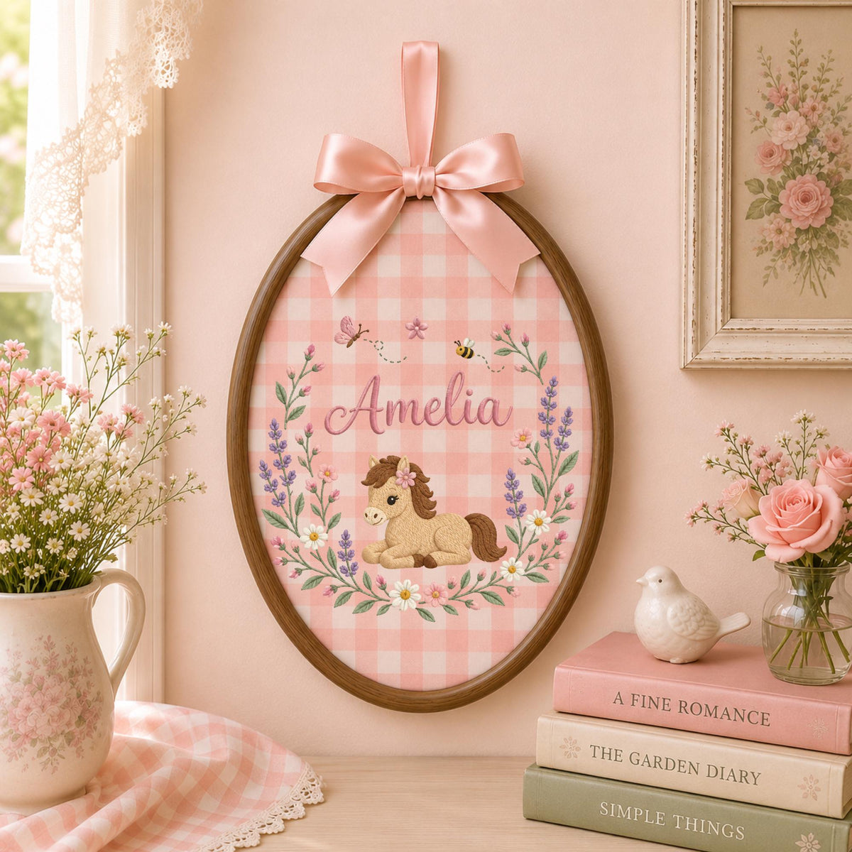 Personalized Horse Embroidered Ornament, Custom Baby Girl Name Keepsake, Floral Pony Nursery Decor, Equestrian Baby Gift, Horse Lover Gift