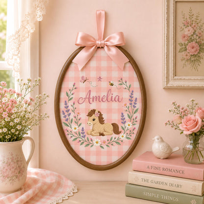 Personalized Horse Embroidered Ornament, Custom Baby Girl Name Keepsake, Floral Pony Nursery Decor, Equestrian Baby Gift, Horse Lover Gift