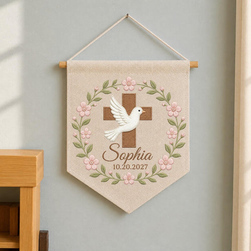 Personalized Baptism Banner, Embroidered Cross Dove Name Sign, Christian Christening Gift, Floral Baby Nursery Wall Hanging