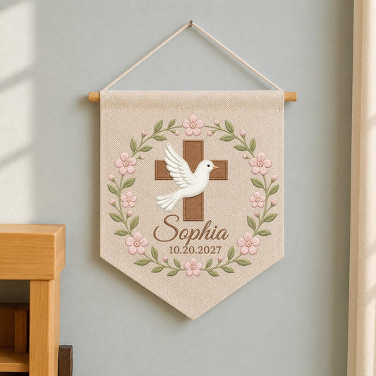 Personalized Baptism Banner, Embroidered Cross Dove Name Sign, Christian Christening Gift, Floral Baby Nursery Wall Hanging