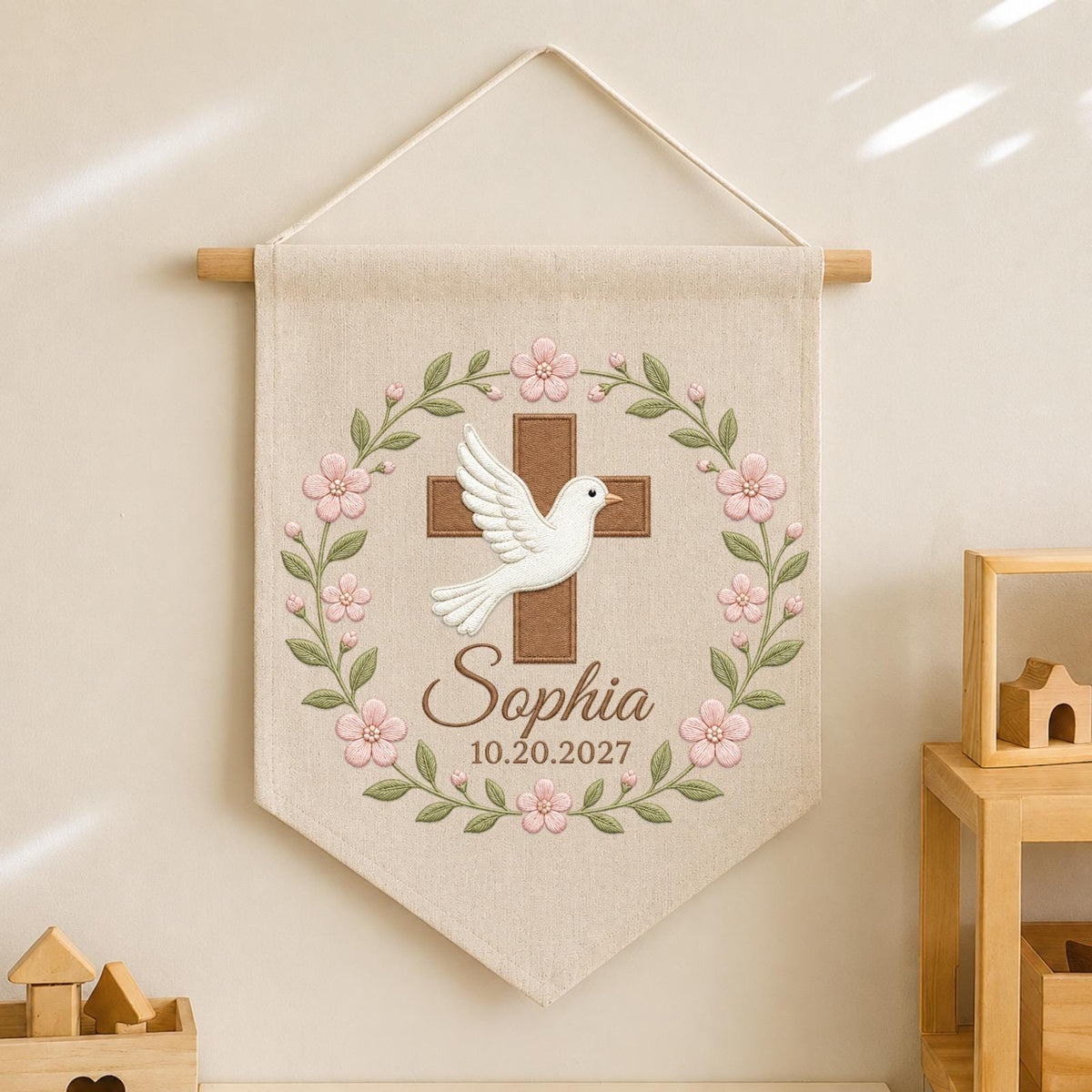 Personalized Baptism Banner, Embroidered Cross Dove Name Sign, Christian Christening Gift, Floral Baby Nursery Wall Hanging