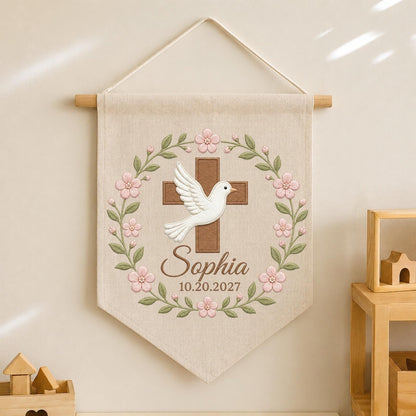 Personalized Baptism Banner, Embroidered Cross Dove Name Sign, Christian Christening Gift, Floral Baby Nursery Wall Hanging