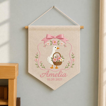 Personalized Goose Baby Name Banner, Embroidered Floral Nursery Wall Hanging, Custom Baby Girl Name Sign, Birth Announcement Gift