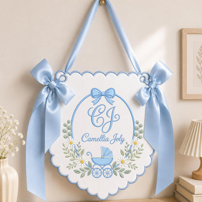 Personalized Baby Monogram Banner, Embroidered Baby Carriage Name Sign, Custom Baby Girl Nursery Decor, Birth Announcement Keepsake Gift
