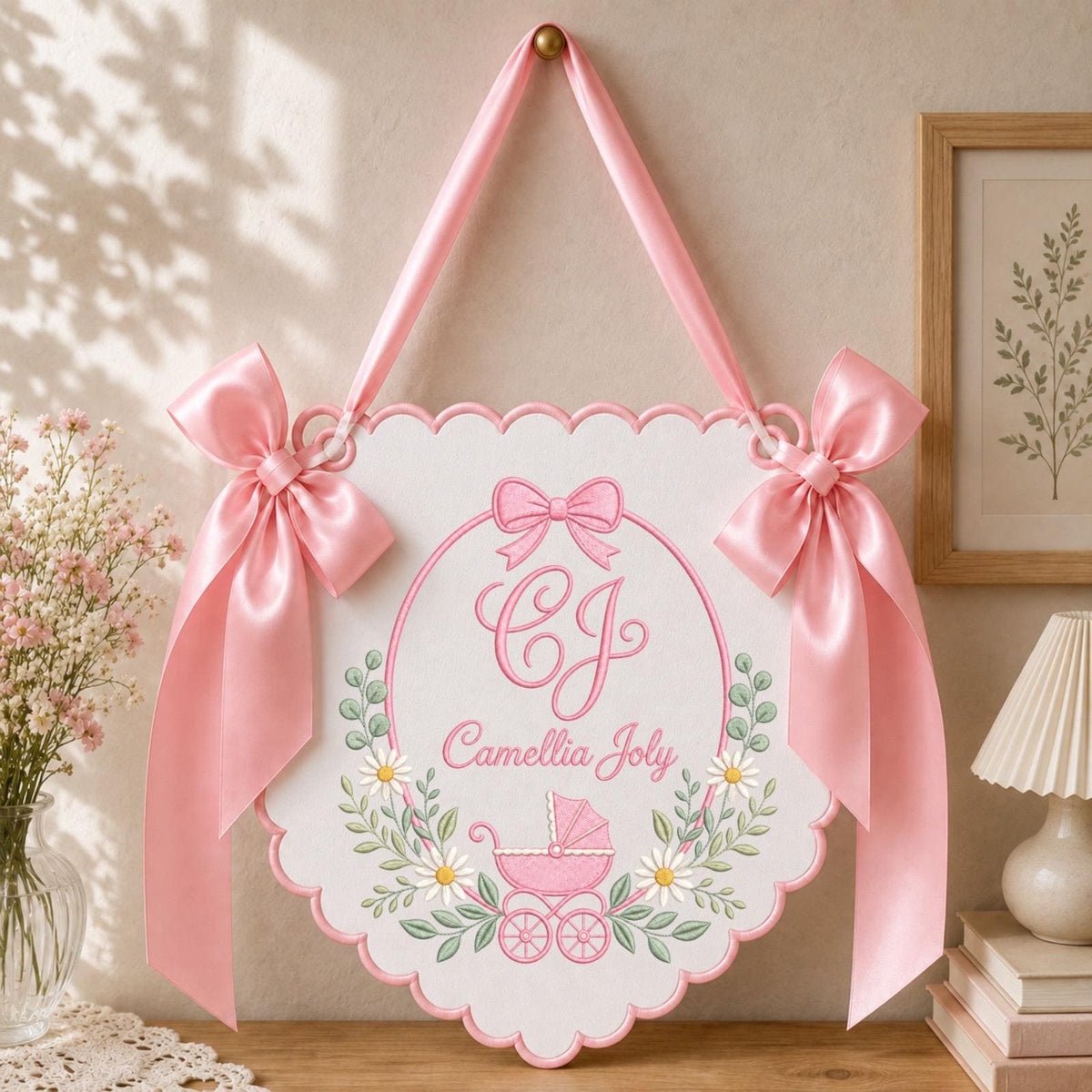 Personalized Baby Monogram Banner, Embroidered Baby Carriage Name Sign, Custom Baby Girl Nursery Decor, Birth Announcement Keepsake Gift