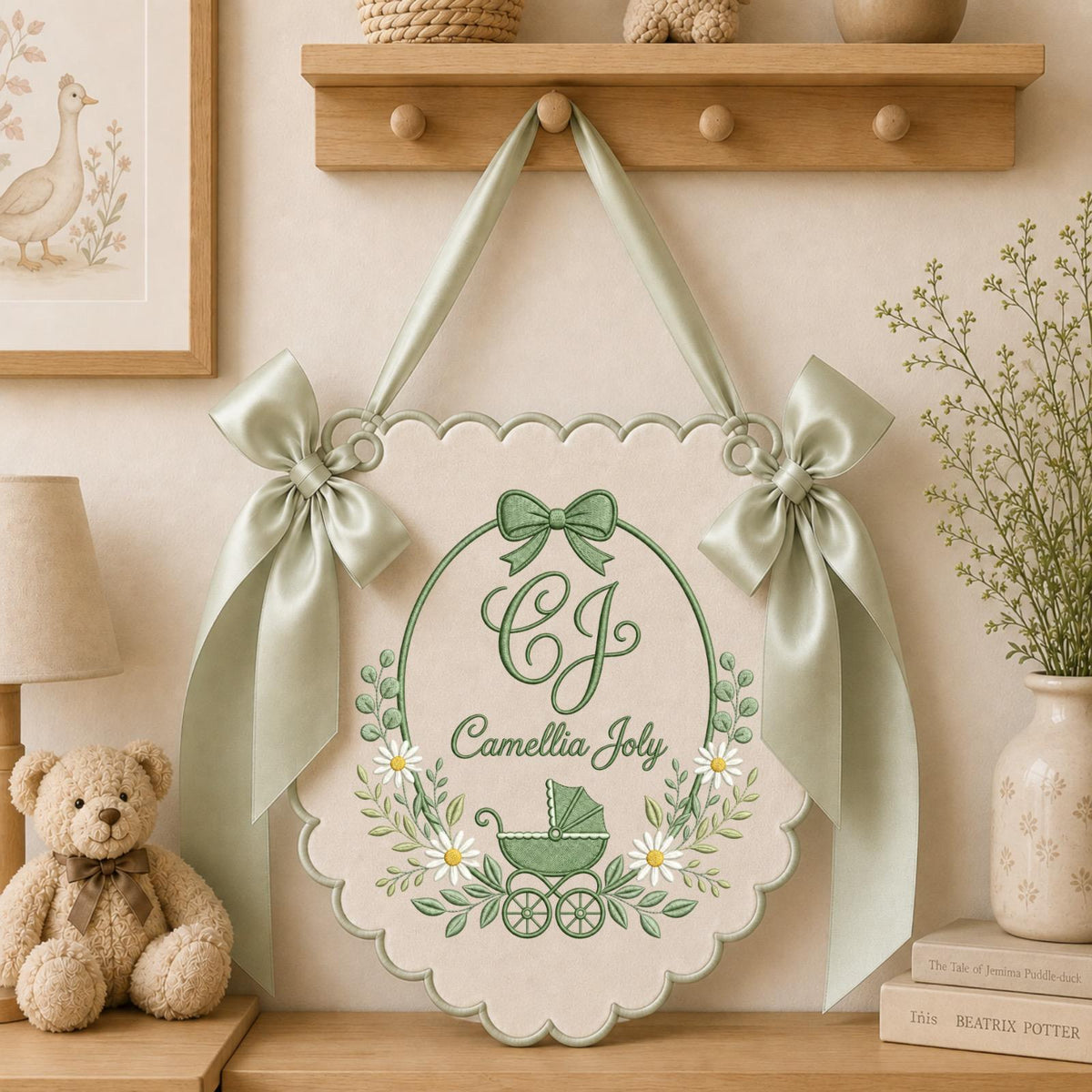 Personalized Baby Monogram Banner, Embroidered Baby Carriage Name Sign, Custom Baby Girl Nursery Decor, Birth Announcement Keepsake Gift