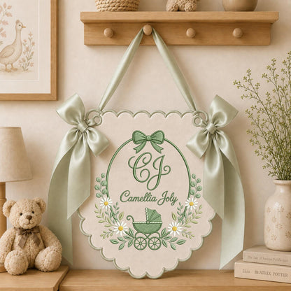 Personalized Baby Monogram Banner, Embroidered Baby Carriage Name Sign, Custom Baby Girl Nursery Decor, Birth Announcement Keepsake Gift