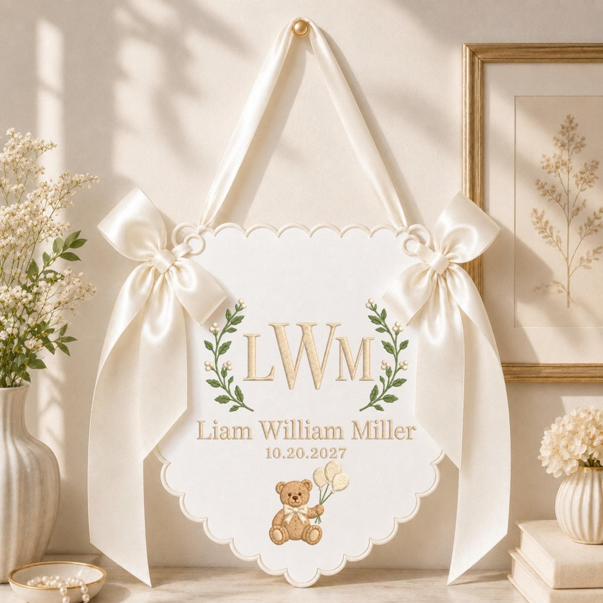 Personalized Teddy Bear Baby Monogram Banner, Embroidered Baby Name Sign, Custom Birth Announcement, Nursery Wall Decor, Baby Shower Gift