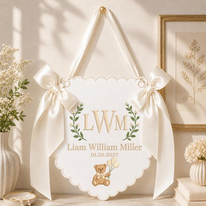 Personalized Teddy Bear Baby Monogram Banner, Embroidered Baby Name Sign, Custom Birth Announcement, Nursery Wall Decor, Baby Shower Gift