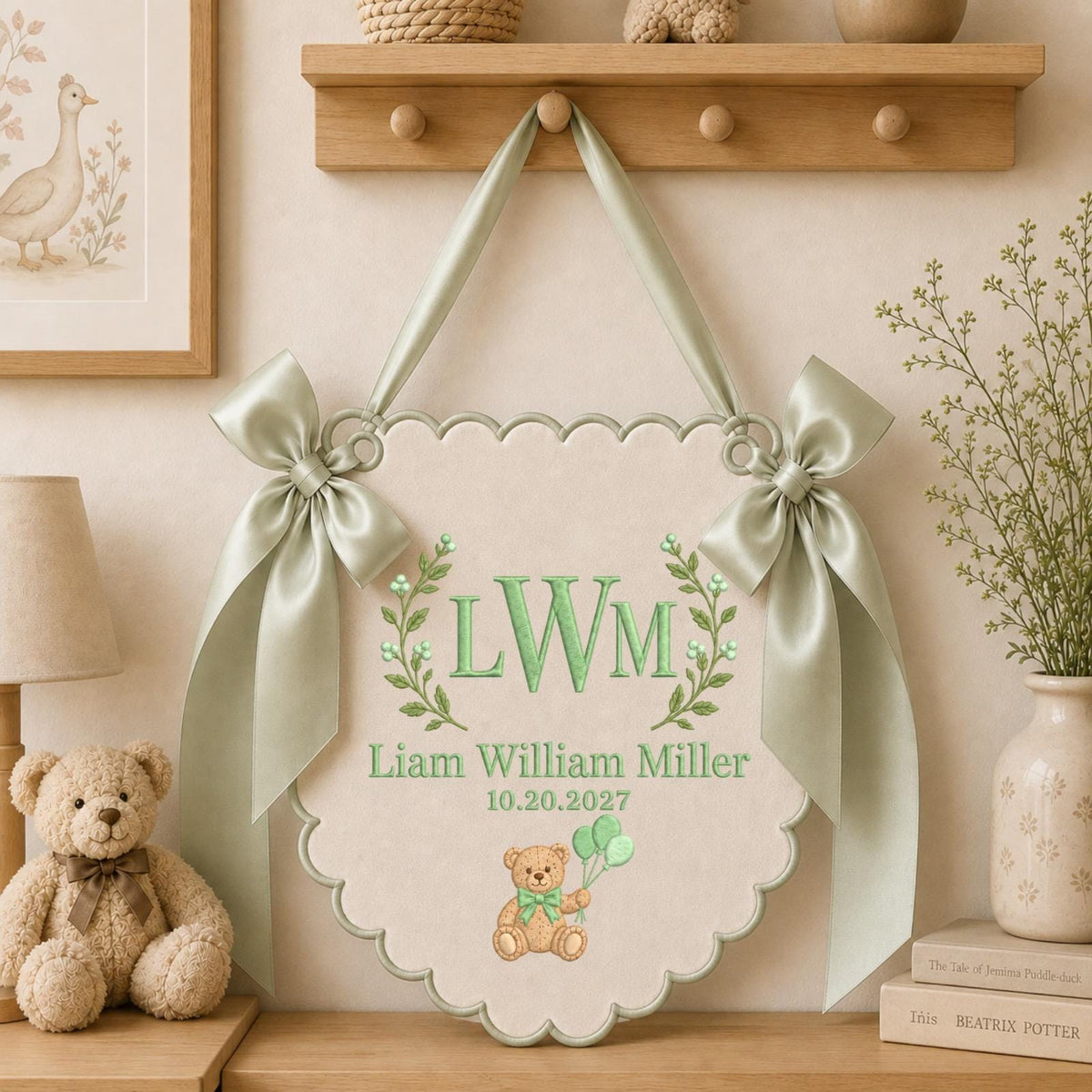 Personalized Teddy Bear Baby Monogram Banner, Embroidered Baby Name Sign, Custom Birth Announcement, Nursery Wall Decor, Baby Shower Gift