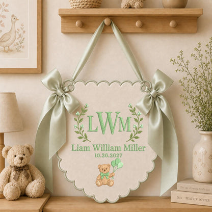 Personalized Teddy Bear Baby Monogram Banner, Embroidered Baby Name Sign, Custom Birth Announcement, Nursery Wall Decor, Baby Shower Gift