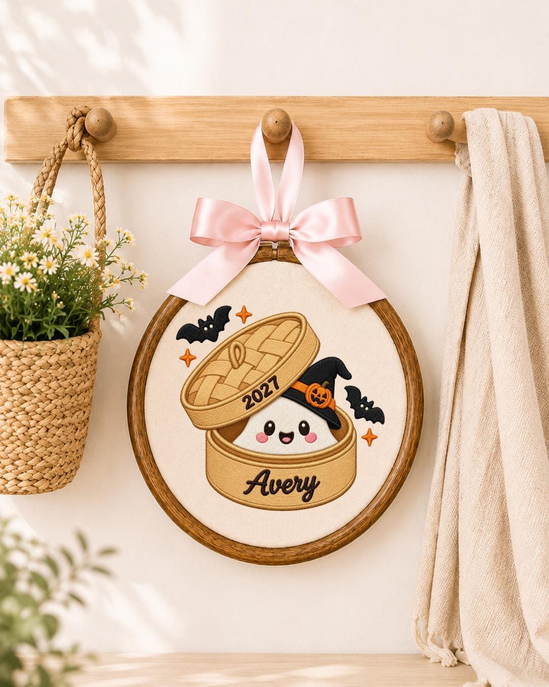 Personalized Halloween Ghost Embroidered Ornament, Custom Name Spooky Hoop, Cute Witch Ghost Decor, First Halloween Gift, Halloween Keepsake