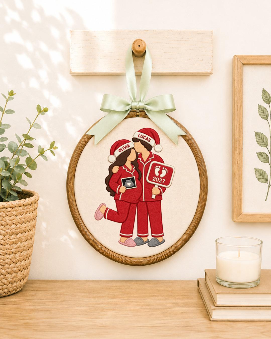 Personalized Pregnancy Announcement Embroidered Ornament, Custom Couple Christmas Hoop, Expecting Baby 2027 Gift, New Parents Keepsake