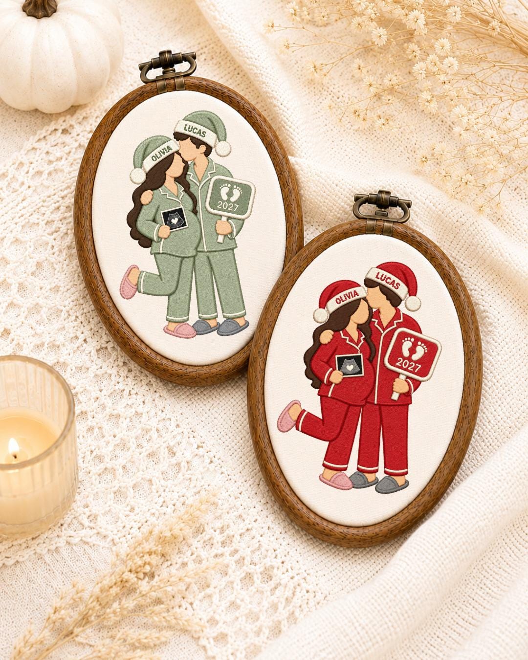 Personalized Pregnancy Announcement Embroidered Ornament, Custom Couple Christmas Hoop, Expecting Baby 2027 Gift, New Parents Keepsake