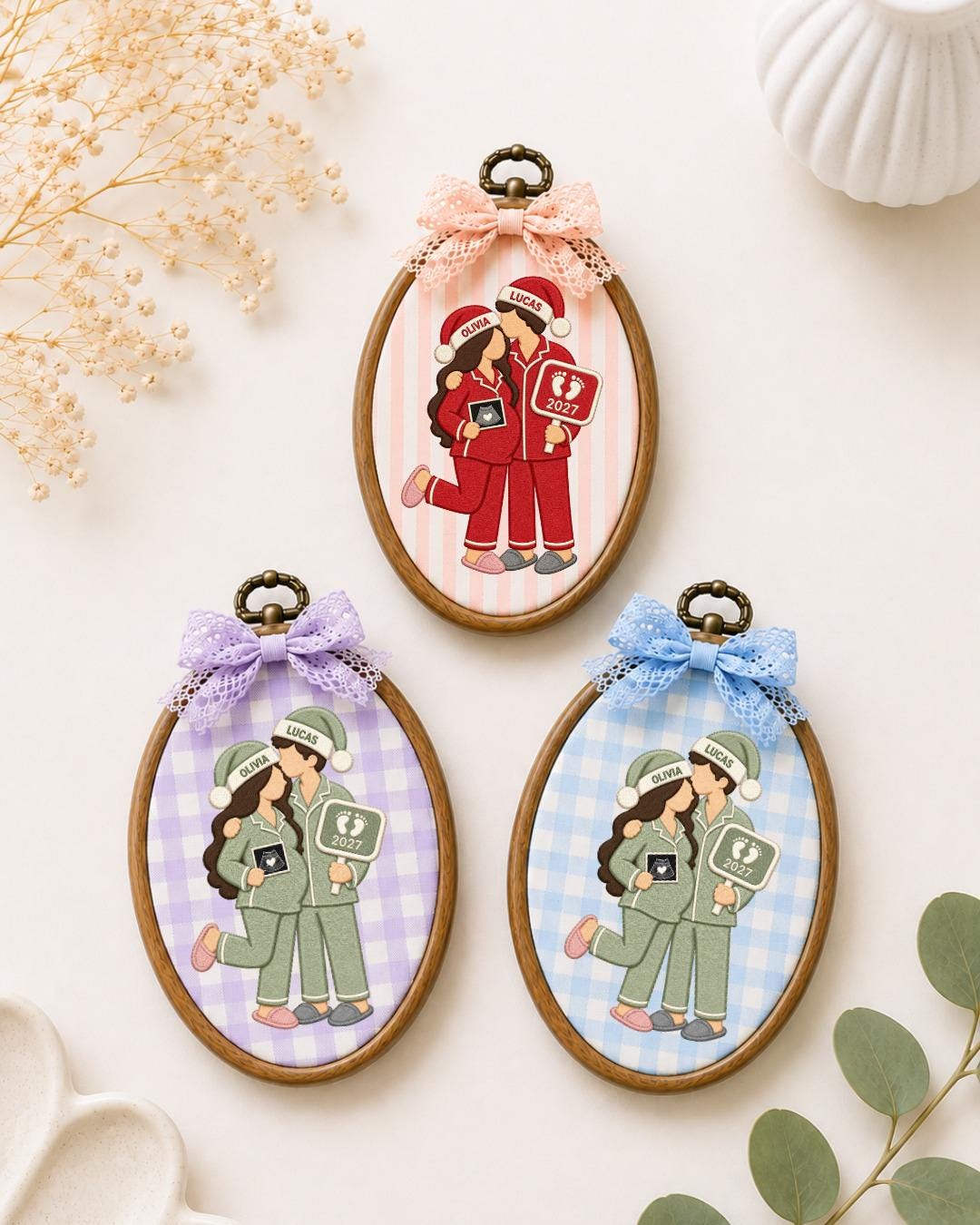 Personalized Pregnancy Announcement Embroidered Ornament, Custom Couple Christmas Hoop, Expecting Baby 2027 Gift, New Parents Keepsake