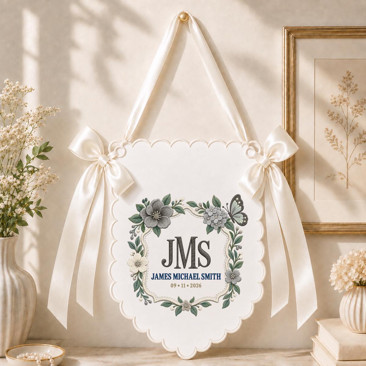 Personalized Monogram Scalloped Banner, Custom Name James Michael Embroidered Sage Green Bows Butterfly Nursery Sign Decor