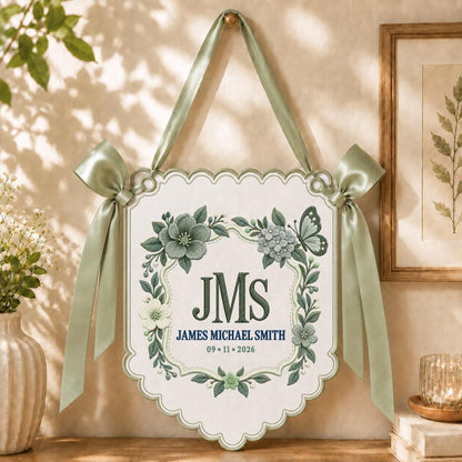 Personalized Monogram Scalloped Banner, Custom Name James Michael Embroidered Sage Green Bows Butterfly Nursery Sign Decor